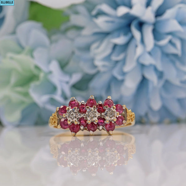 Vintage Ruby & Diamond 18ct Gold Cluster Ring - 1980