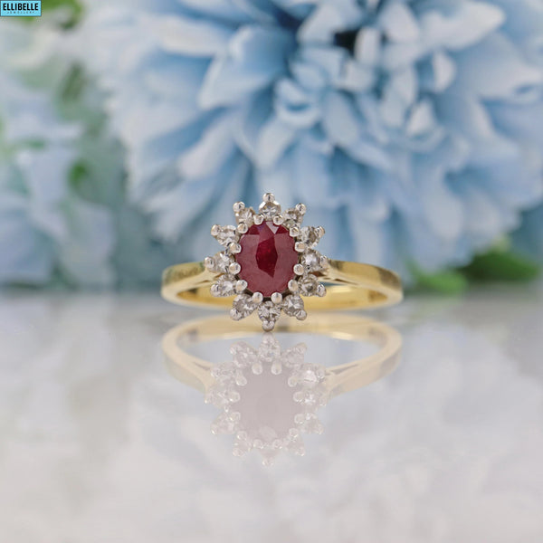 Ellibelle Jewellery VINTAGE RUBY & DIAMOND 18CT GOLD CLUSTER RING - 1997