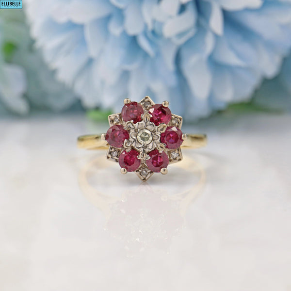 VINTAGE RUBY & DIAMOND 18CT GOLD CLUSTER RING