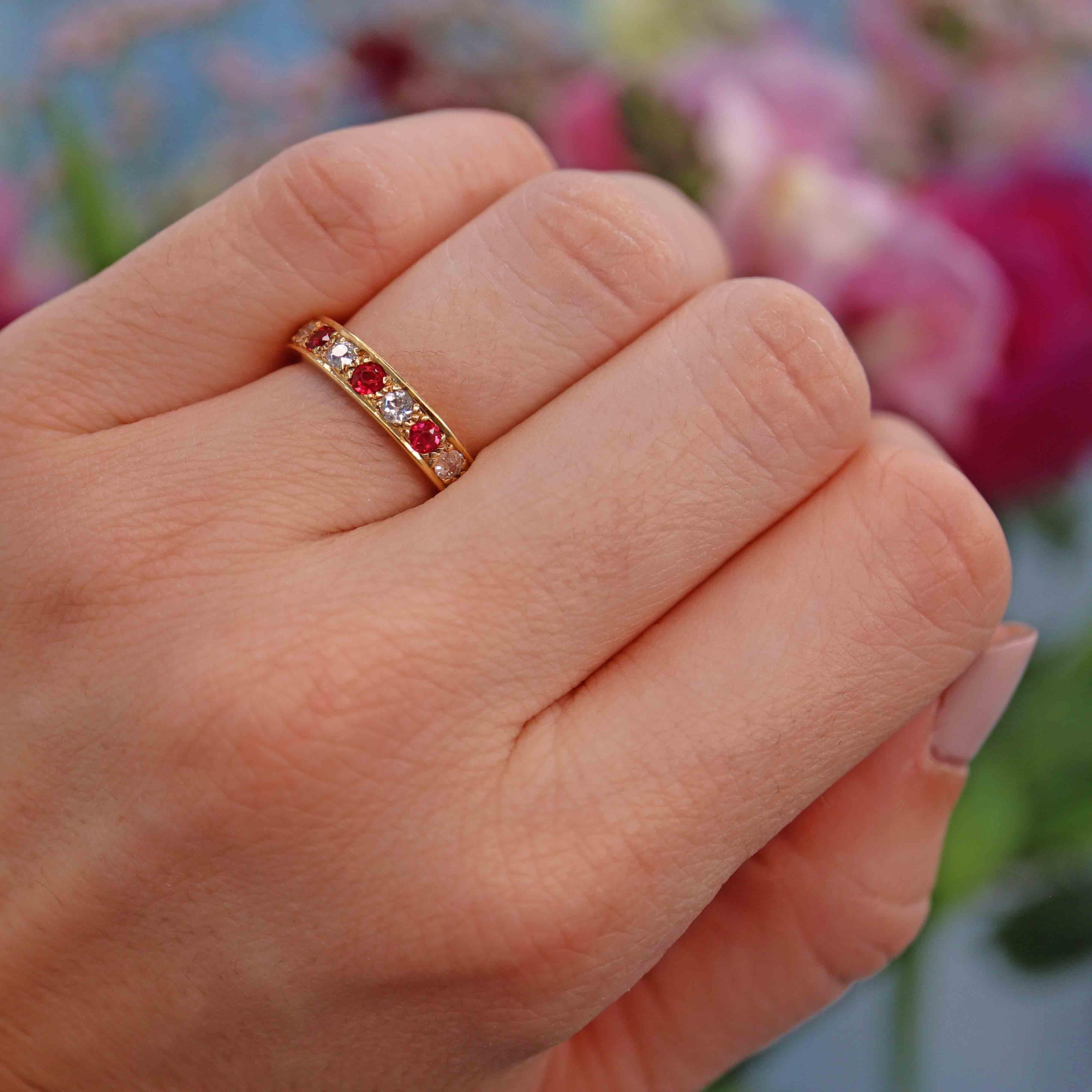 Vintage Ruby Diamond 18ct Gold Half Eternity Band Ring