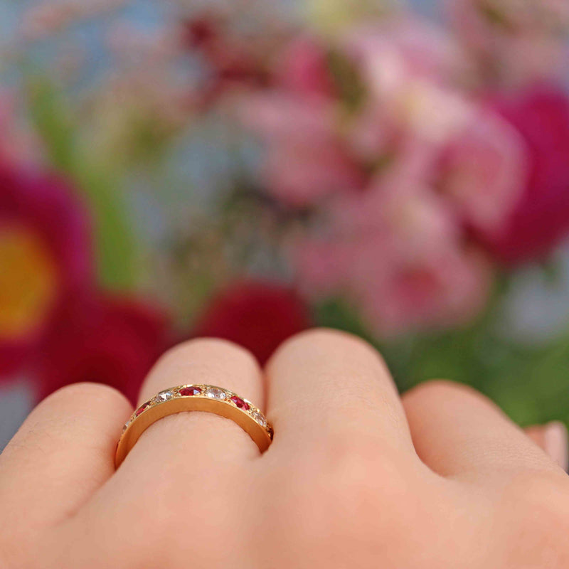 Ellibelle Jewellery Vintage Ruby & Diamond 18ct Gold Half Eternity Band Ring