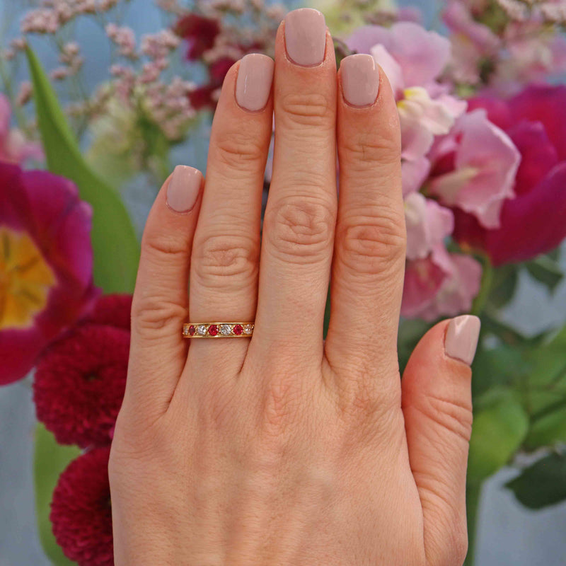 Ellibelle Jewellery Vintage Ruby & Diamond 18ct Gold Half Eternity Band Ring