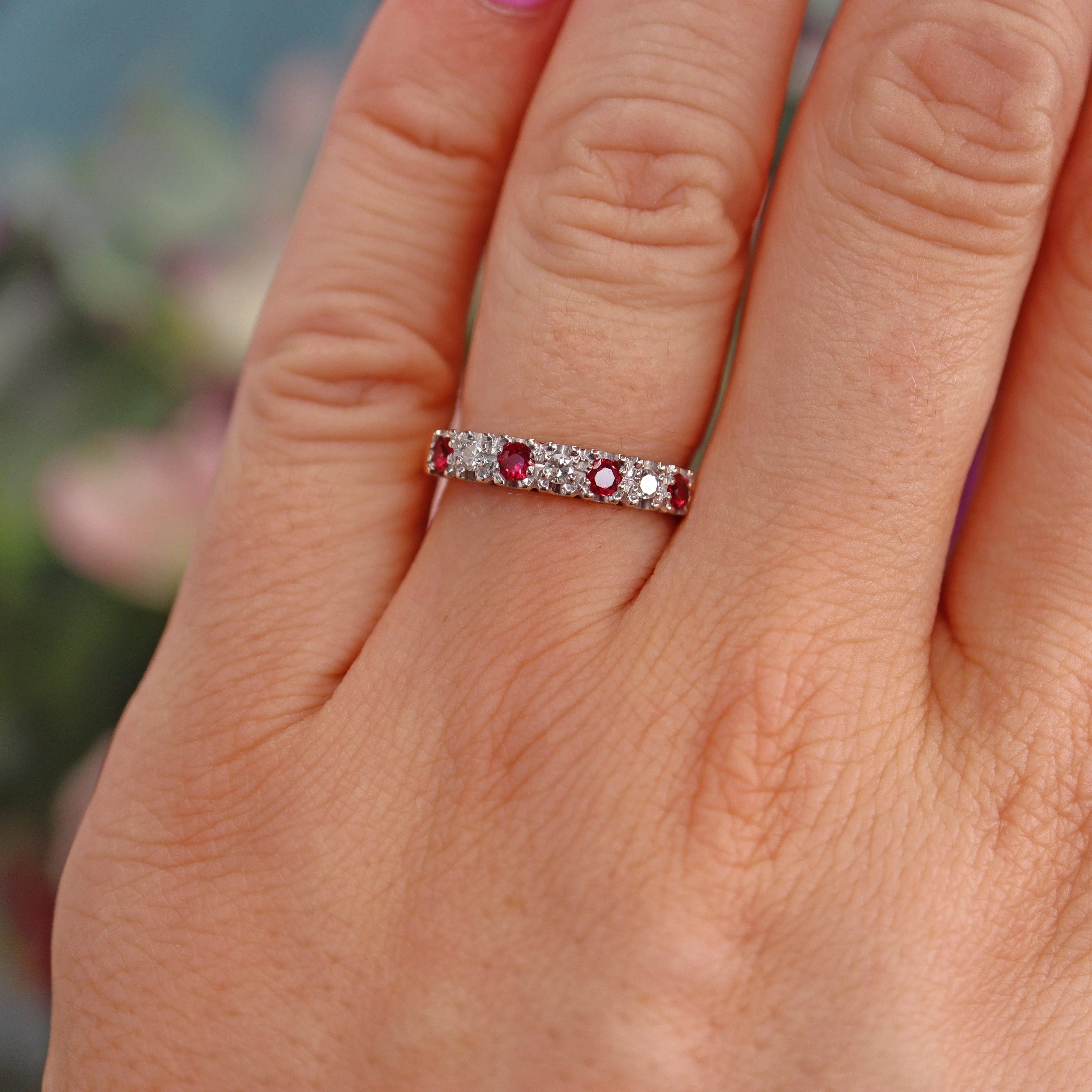 Vintage Ruby Diamond 18ct Gold Half Eternity Wedding Band Ring