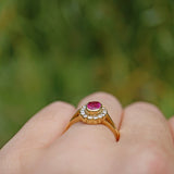 Ellibelle Jewellery VINTAGE RUBY & DIAMOND 18CT GOLD OVAL HALO RING