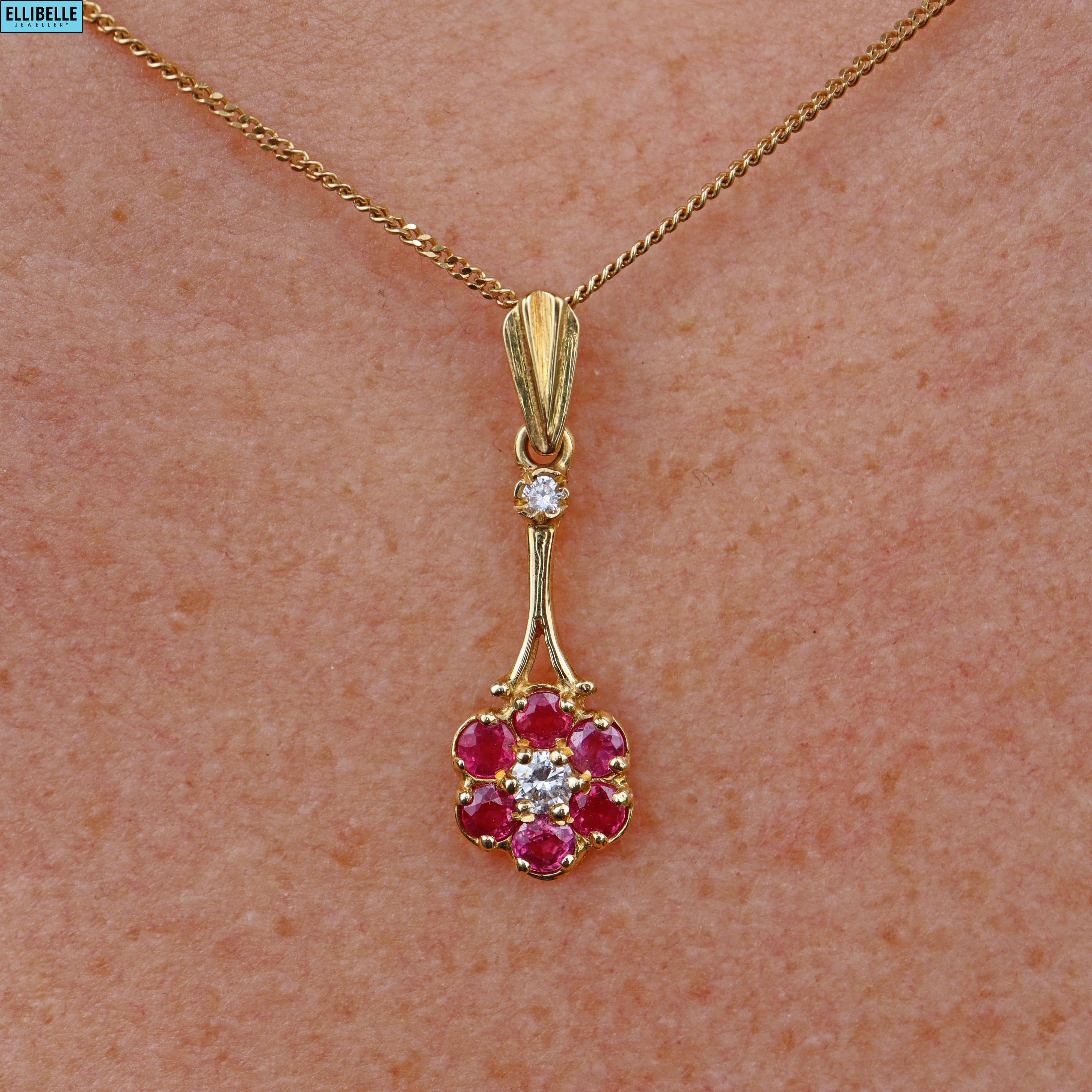 VINTAGE RUBY & DIAMOND 18CT GOLD PENDANT NECKLACE