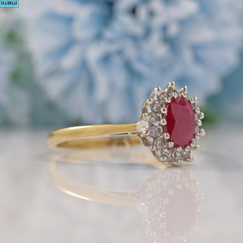 Ellibelle Jewellery VINTAGE RUBY & DIAMOND 9CT GOLD CLUSTER RING