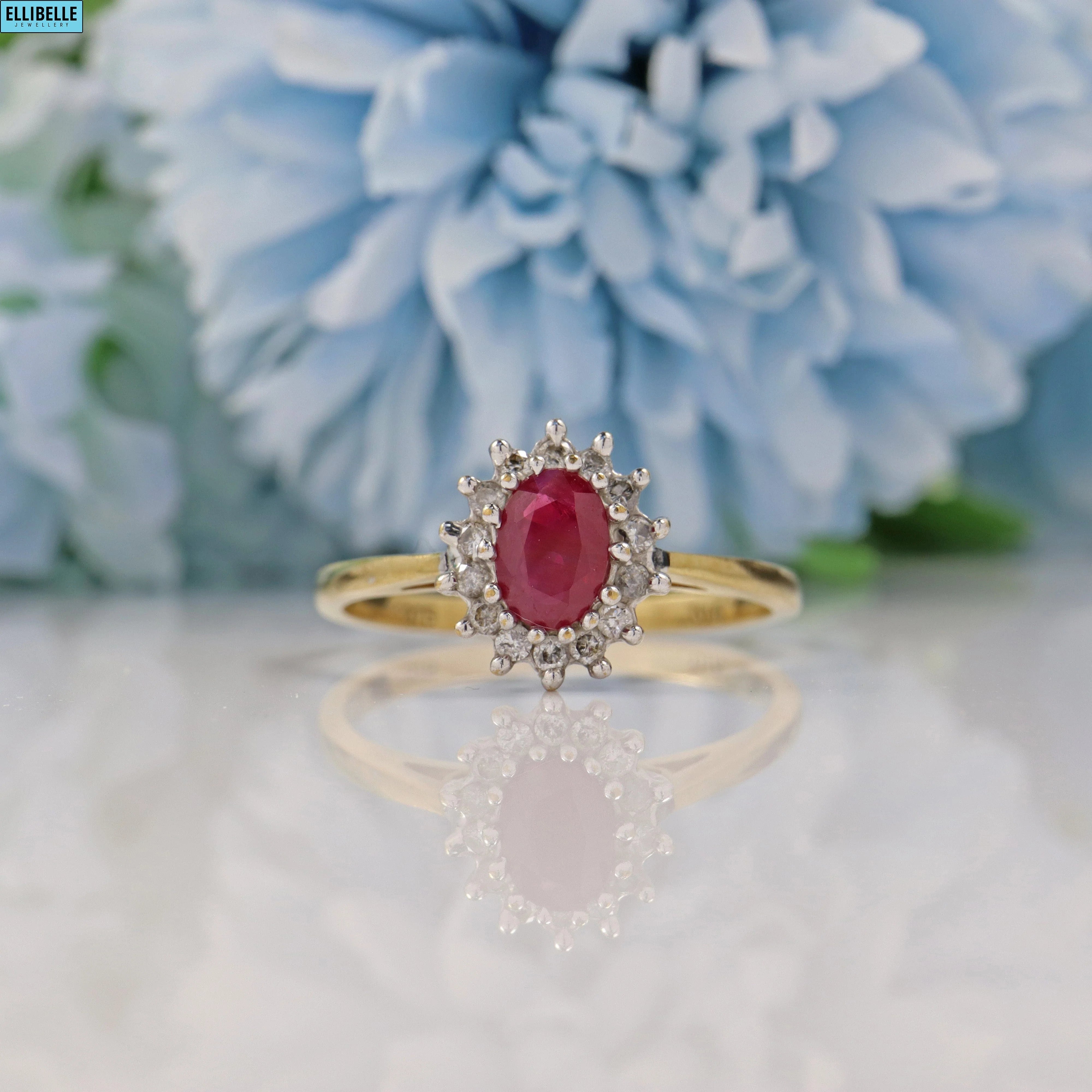 Ellibelle Jewellery VINTAGE RUBY & DIAMOND 9CT GOLD CLUSTER RING