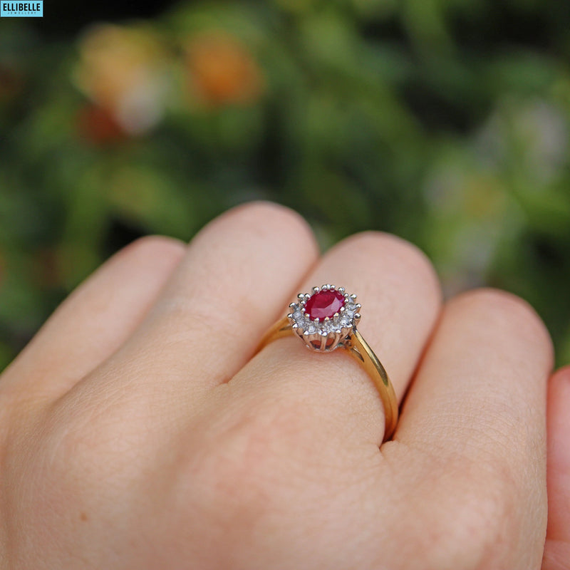 Ellibelle Jewellery VINTAGE RUBY & DIAMOND 9CT GOLD CLUSTER RING