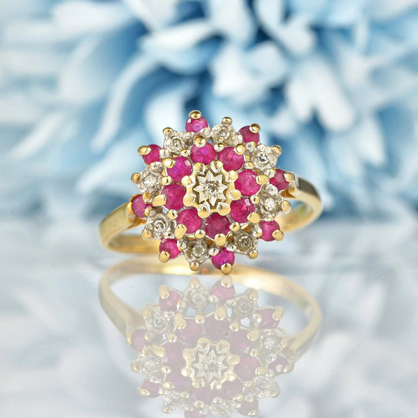 Ellibelle Jewellery VINTAGE RUBY & DIAMOND 9CT GOLD DAISY CLUSTER RING