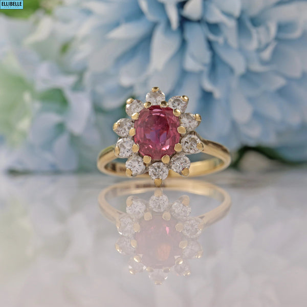 VINTAGE RUBY & DIAMOND 9CT GOLD HALO CLUSTER RING - 1982 