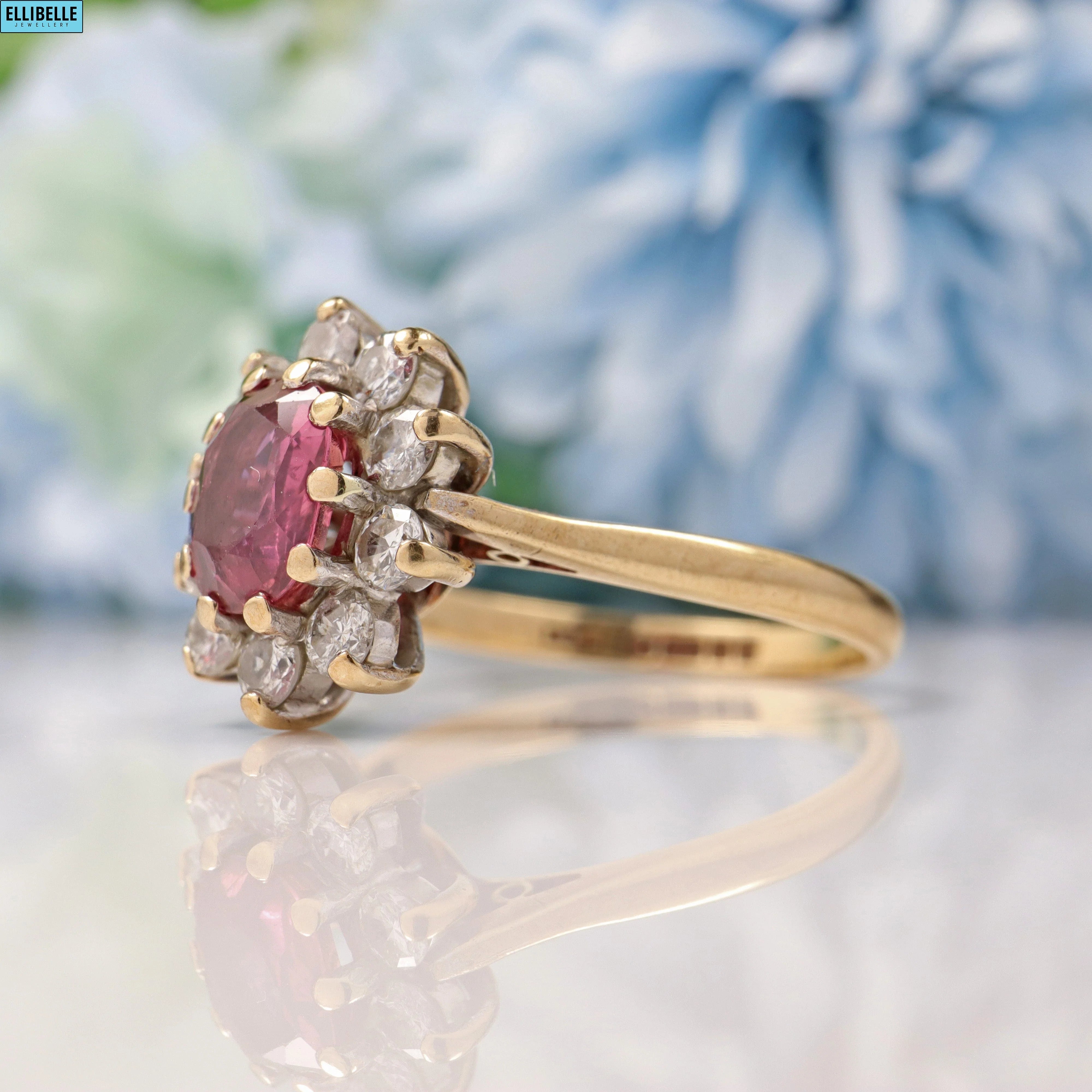 VINTAGE RUBY & DIAMOND 9CT GOLD HALO CLUSTER RING - 1982 