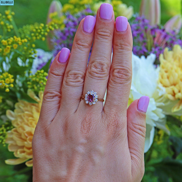 VINTAGE RUBY & DIAMOND 9CT GOLD HALO CLUSTER RING - 1982 