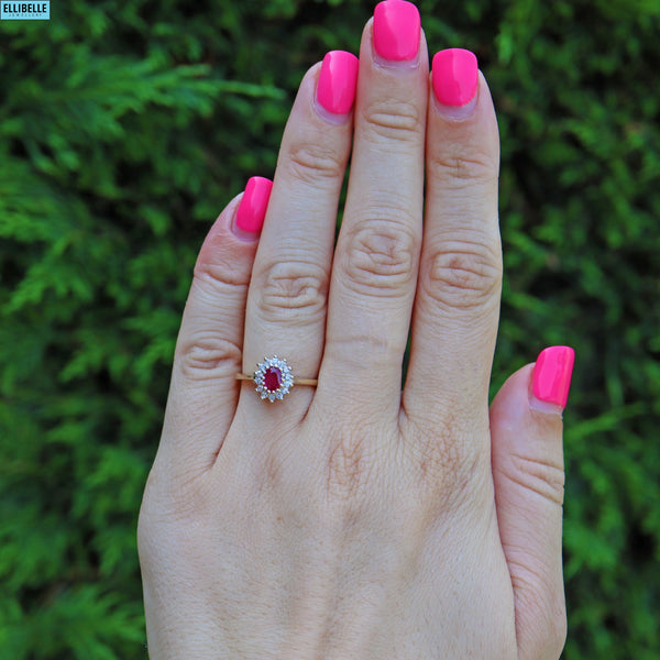 Ellibelle Jewellery VINTAGE RUBY & DIAMOND 9CT GOLD HALO RING