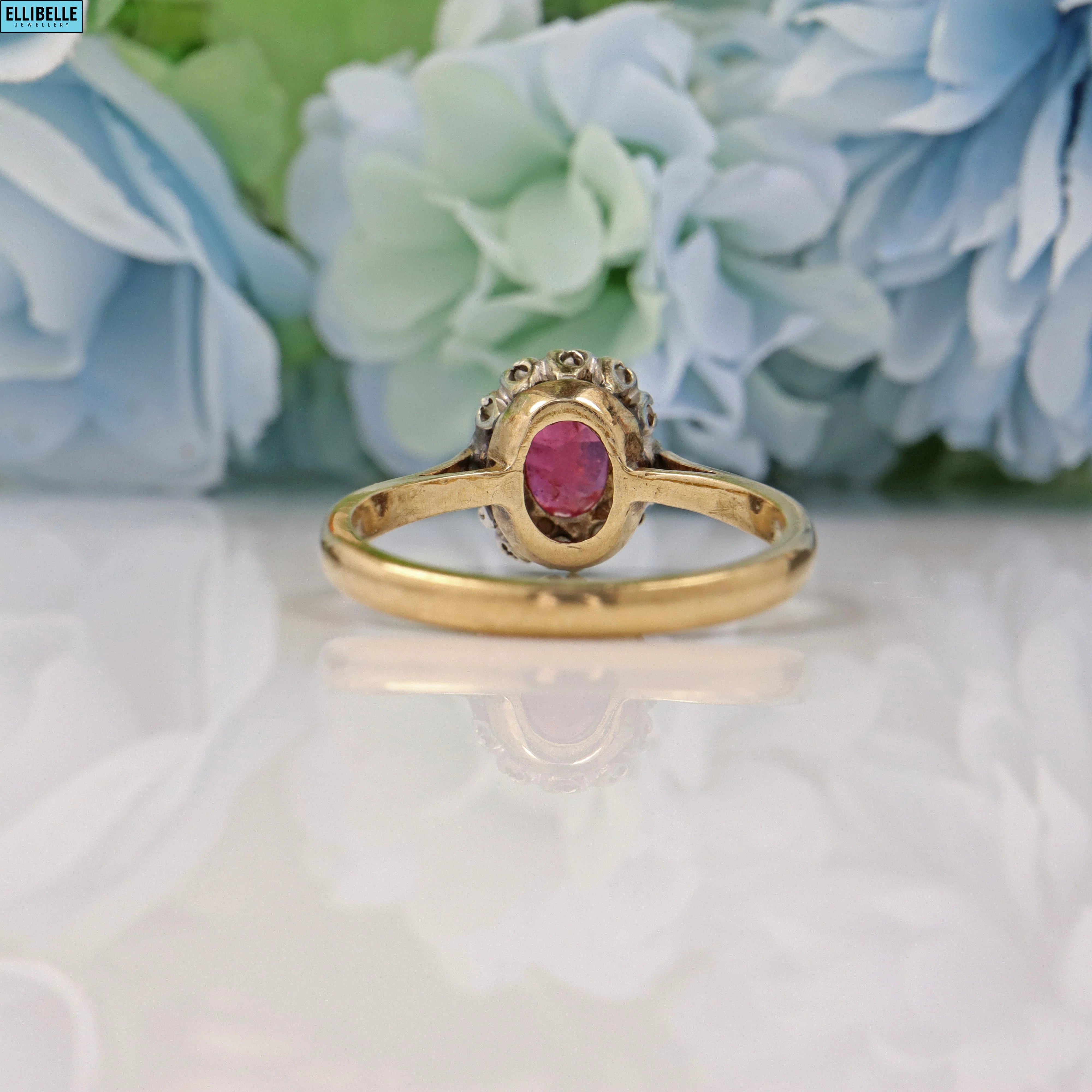 Ellibelle Jewellery VINTAGE RUBY & DIAMOND 9CT GOLD HALO RING