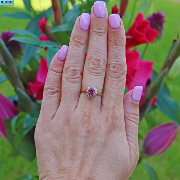 Ellibelle Jewellery VINTAGE RUBY & DIAMOND 9CT GOLD HALO RING
