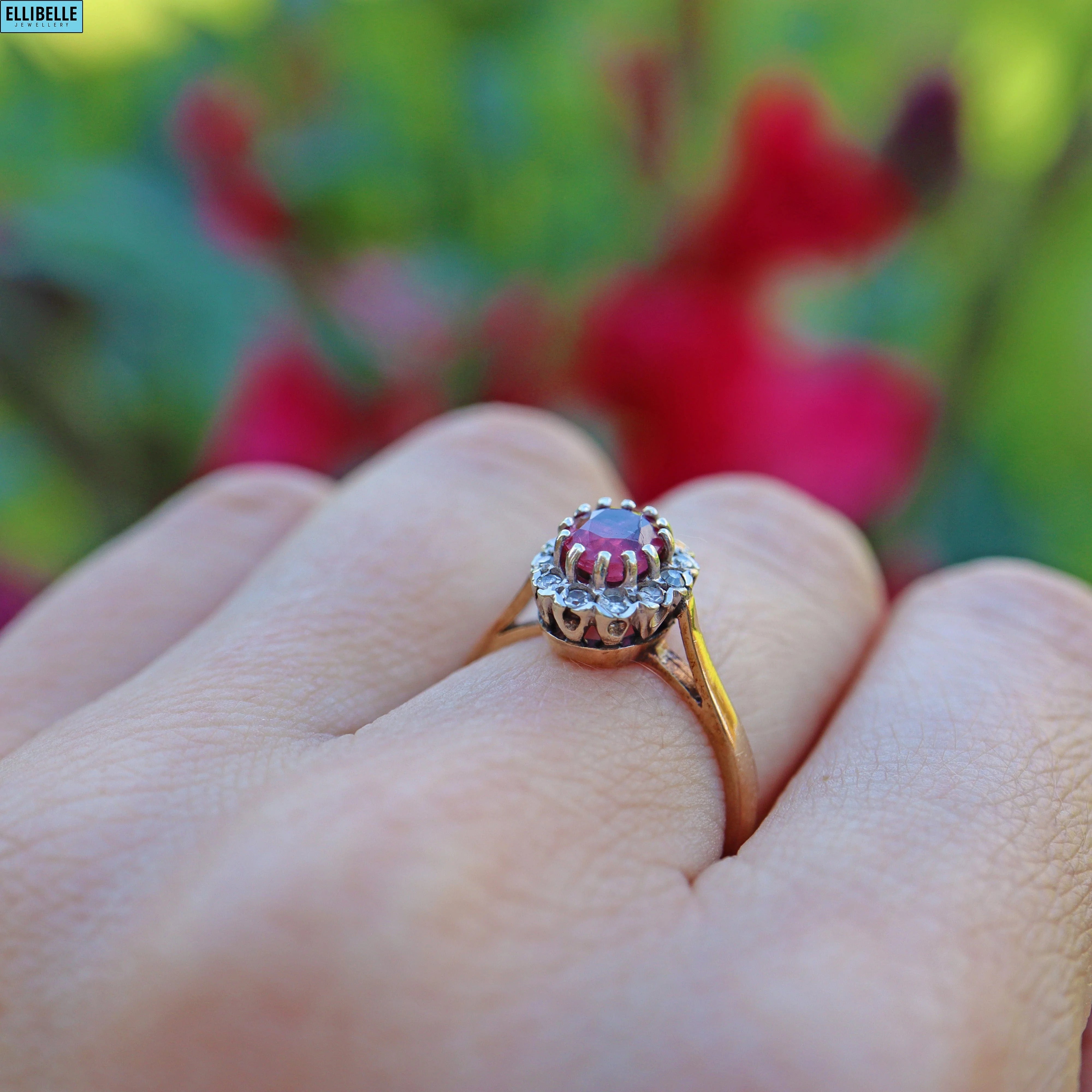 Ellibelle Jewellery VINTAGE RUBY & DIAMOND 9CT GOLD HALO RING