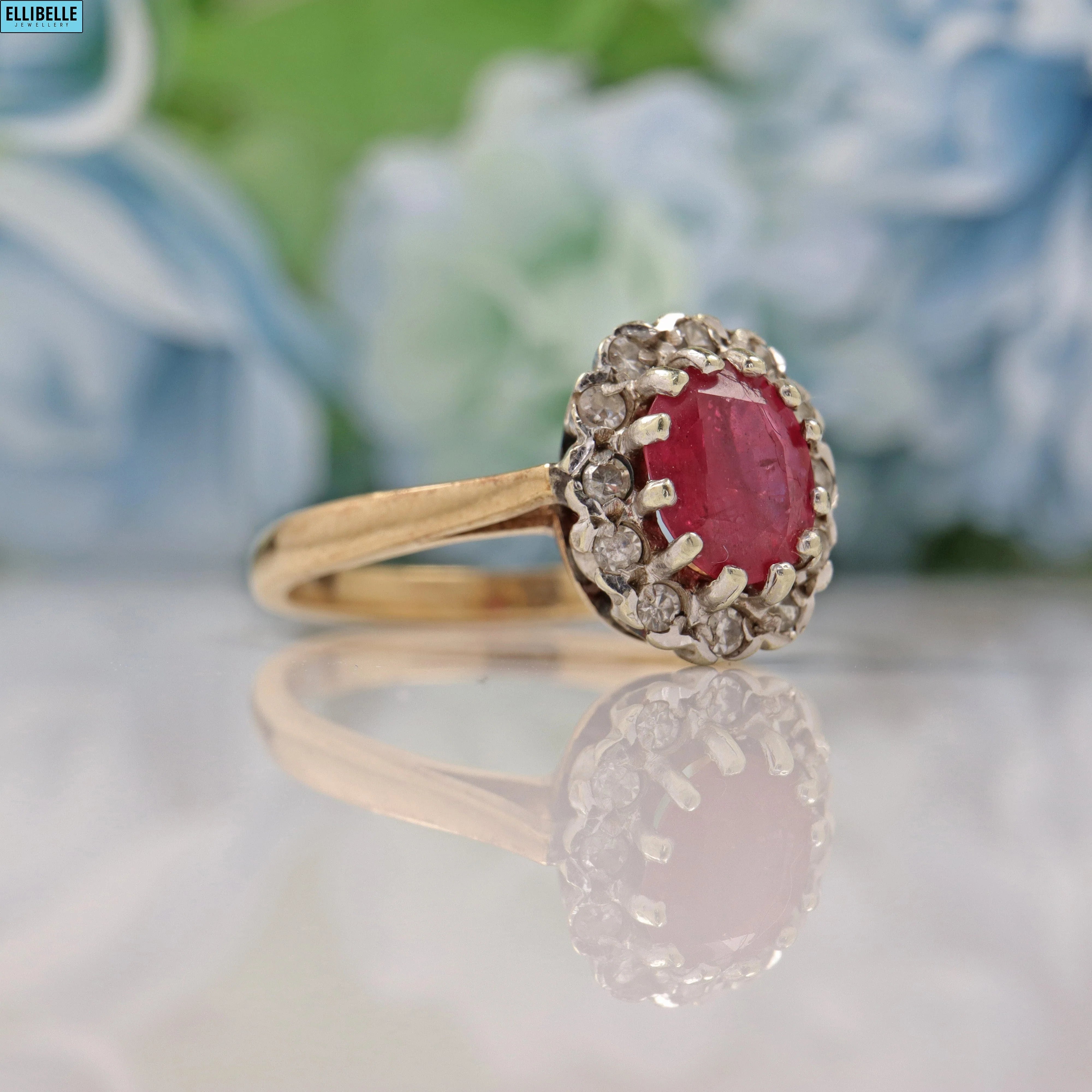 Ellibelle Jewellery VINTAGE RUBY & DIAMOND 9CT GOLD HALO RING