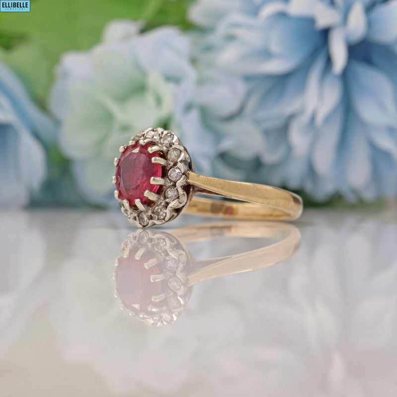 Ellibelle Jewellery VINTAGE RUBY & DIAMOND 9CT GOLD HALO RING