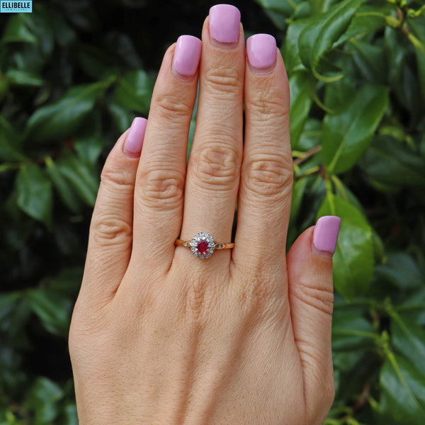 VINTAGE RUBY & DIAMOND 9CT GOLD HALO RING