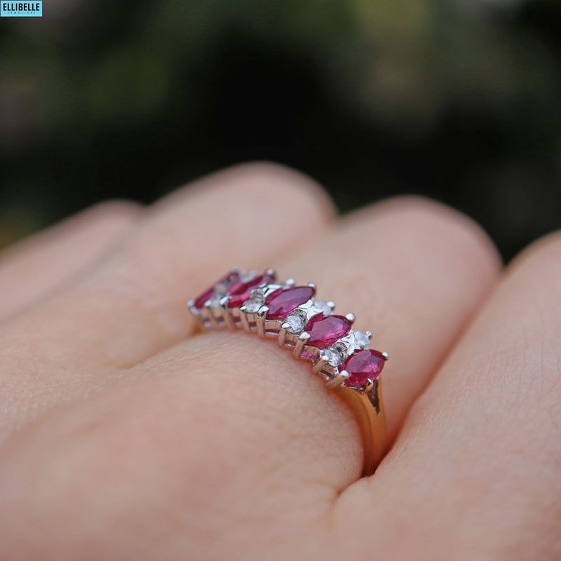 Vintage Ruby & Diamond 9ct Gold Marquise Band Ring