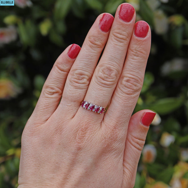 Vintage Ruby & Diamond 9ct Gold Marquise Band Ring