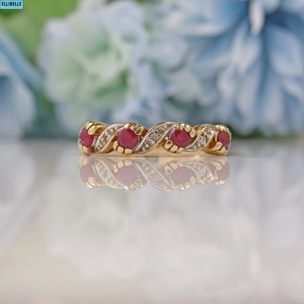 VINTAGE RUBY & DIAMOND 9CT GOLD SPIRAL BAND RING