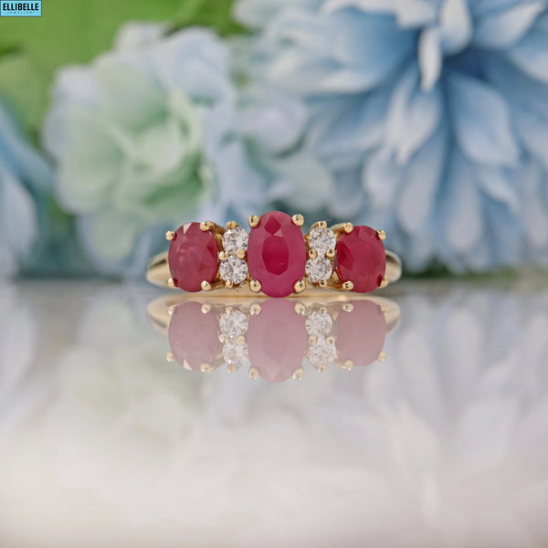 VINTAGE RUBY & DIAMOND 9CT GOLD THREE-STONE RING