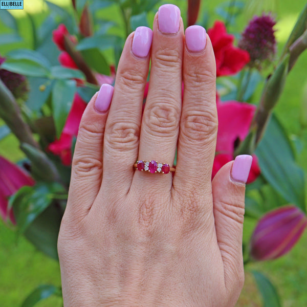 VINTAGE RUBY & DIAMOND 9CT GOLD THREE-STONE RING