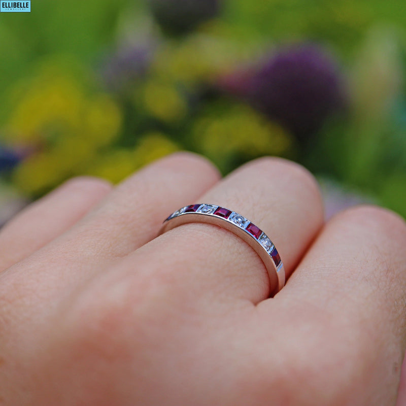 Ellibelle Jewellery VINTAGE RUBY & DIAMOND PLATINUM HALF-ETERNITY RING