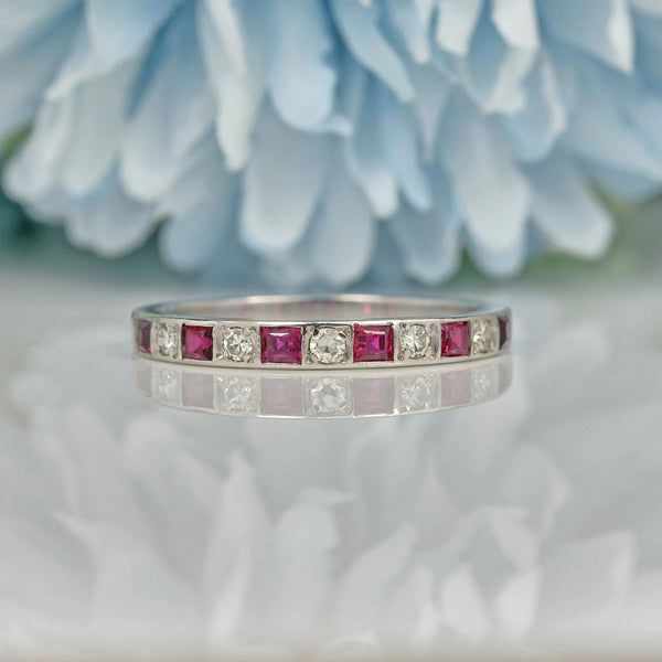 Ellibelle Jewellery VINTAGE RUBY & DIAMOND PLATINUM HALF-ETERNITY RING