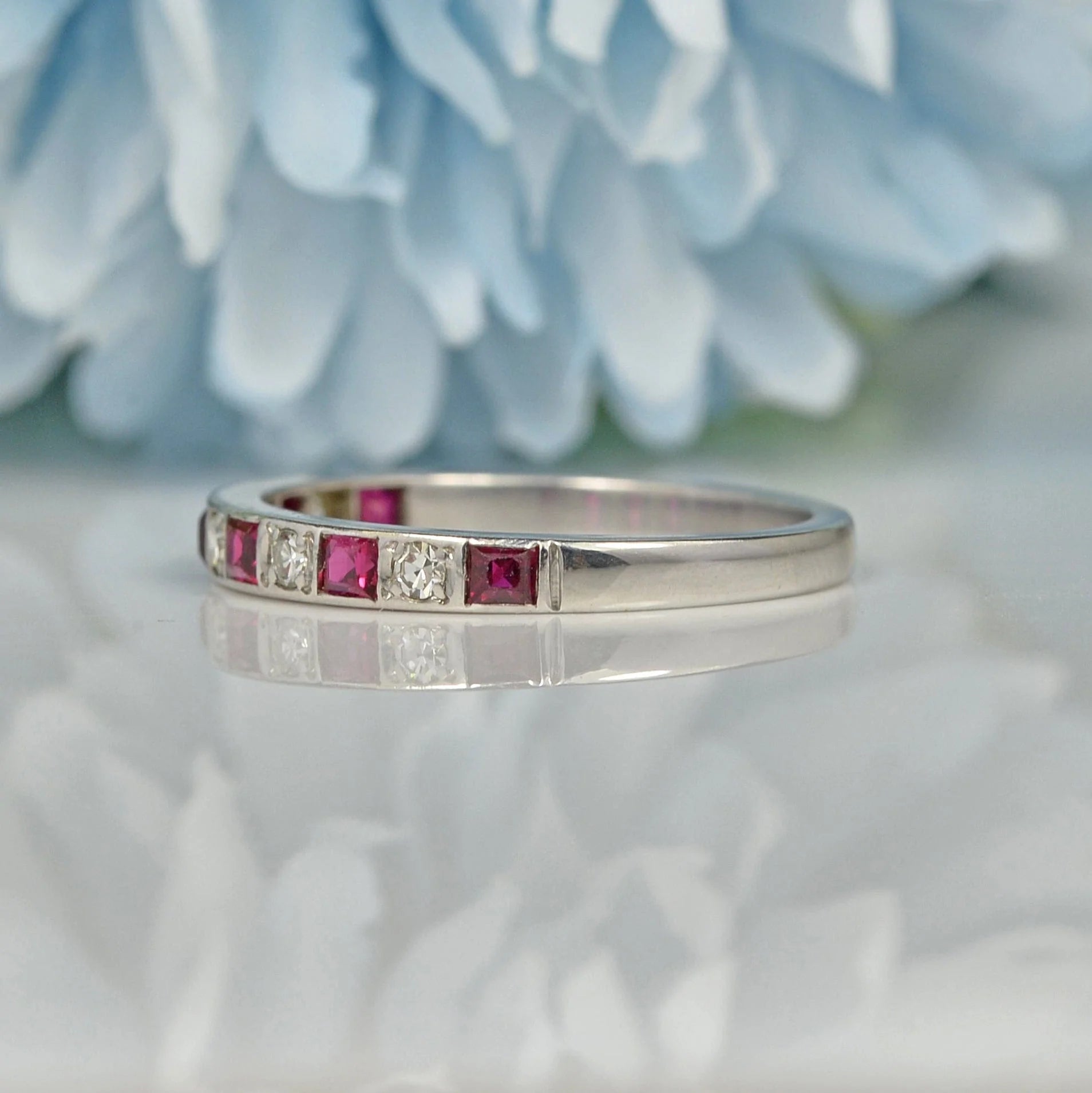 Ellibelle Jewellery VINTAGE RUBY & DIAMOND PLATINUM HALF-ETERNITY RING