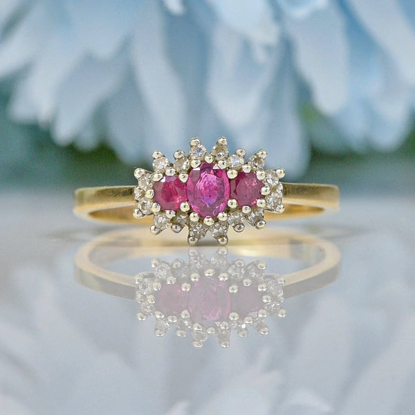 VINTAGE RUBY & DIAMOND TRIPLE CLUSTER RING
