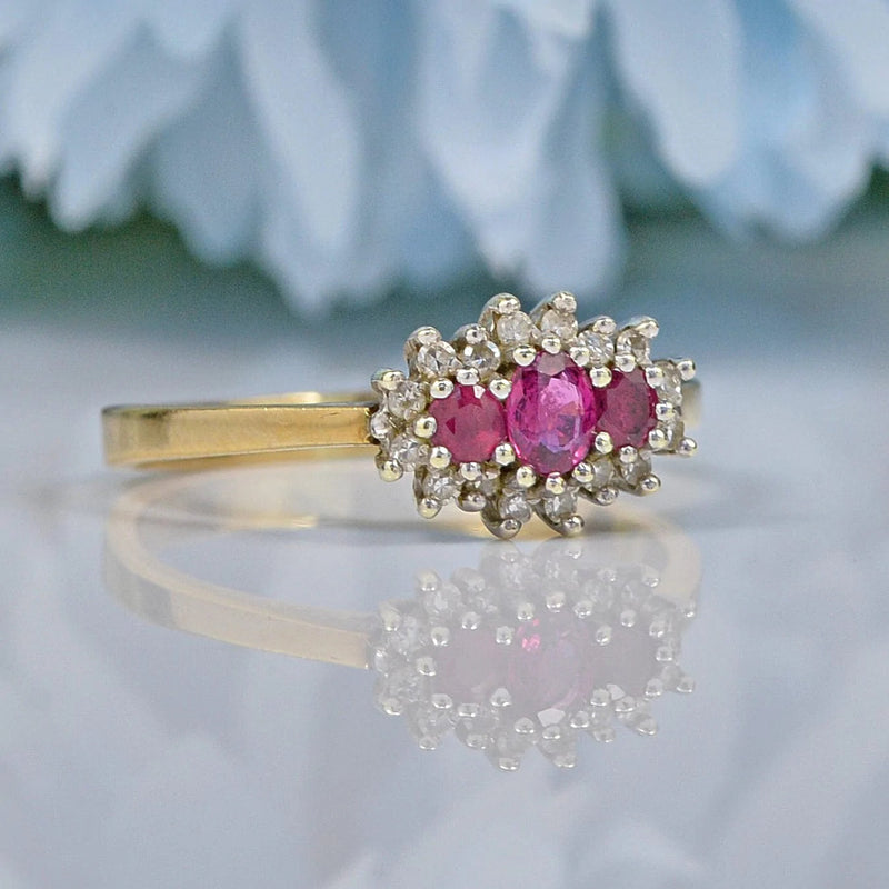 VINTAGE RUBY & DIAMOND TRIPLE CLUSTER RING