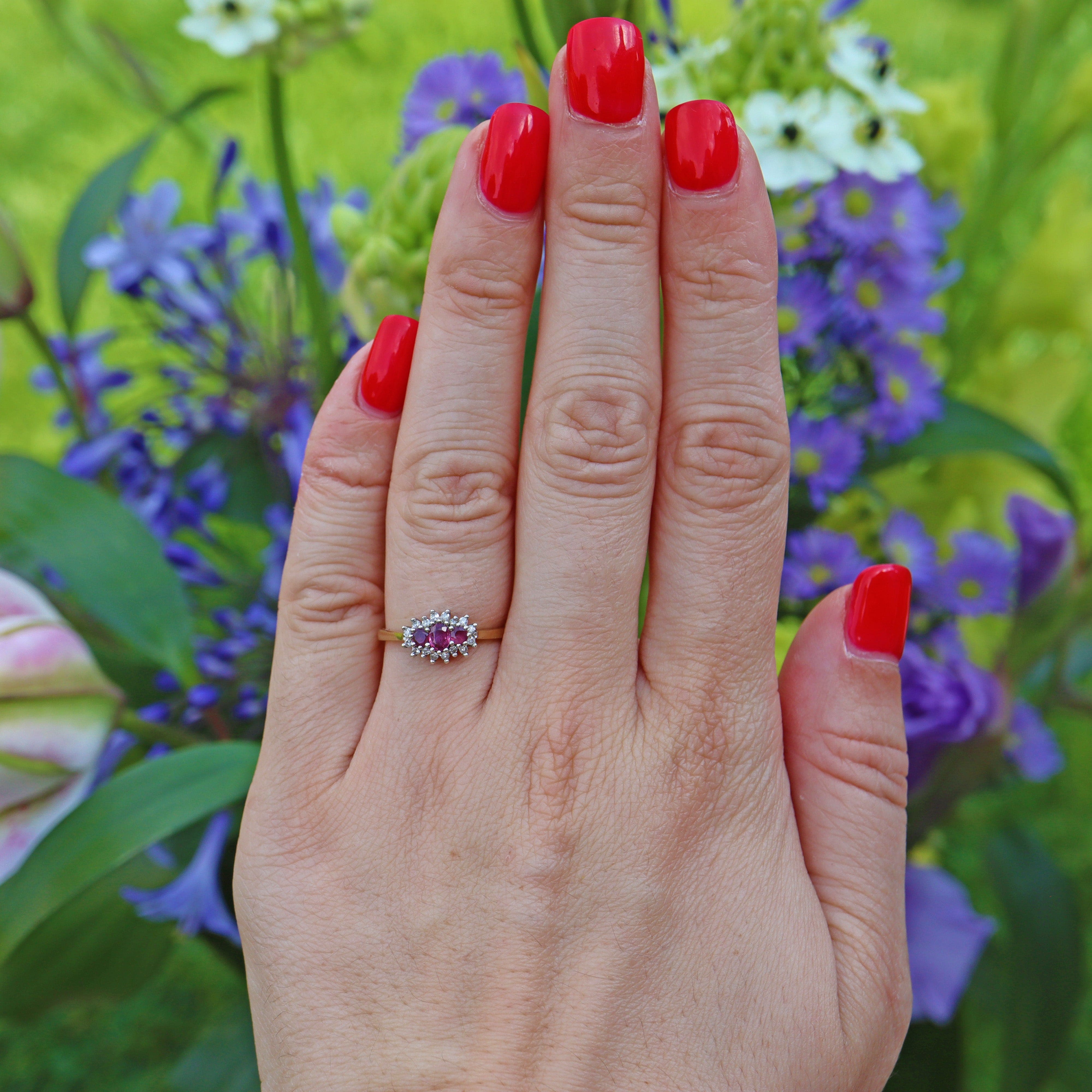 VINTAGE RUBY & DIAMOND TRIPLE CLUSTER RING