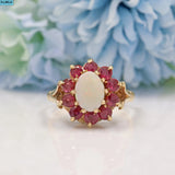 VINTAGE RUBY & OPAL 9CT GOLD HALO CLUSTER RING