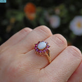 VINTAGE RUBY & OPAL 9CT GOLD HALO CLUSTER RING