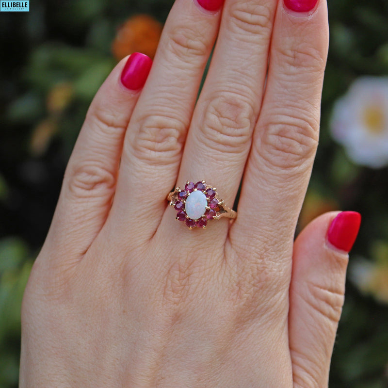 VINTAGE RUBY & OPAL 9CT GOLD HALO CLUSTER RING