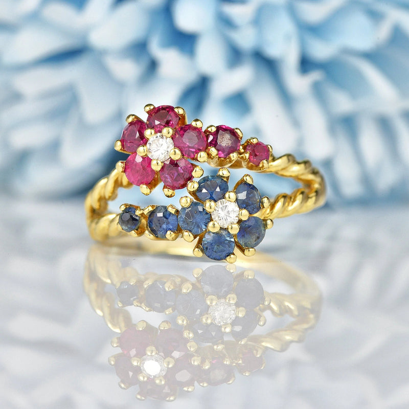 Vintage Ruby, Sapphire Diamond Double Cluster Ring