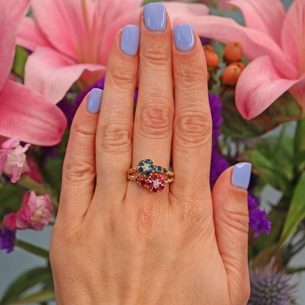Ellibelle Jewellery Vintage Ruby, Sapphire & Diamond Double Cluster Ring