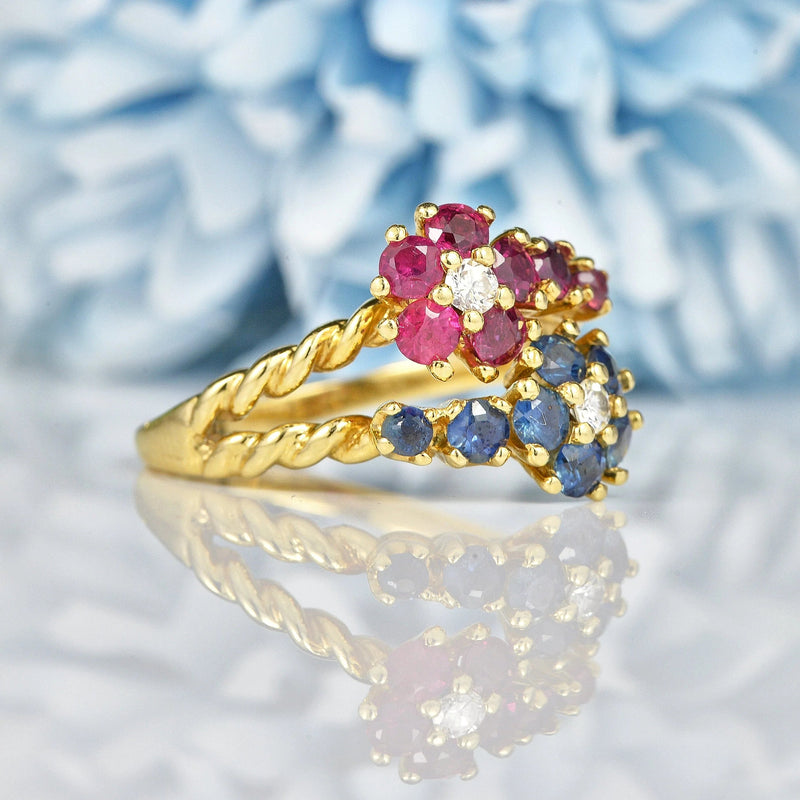 Ellibelle Jewellery Vintage Ruby, Sapphire & Diamond Double Cluster Ring