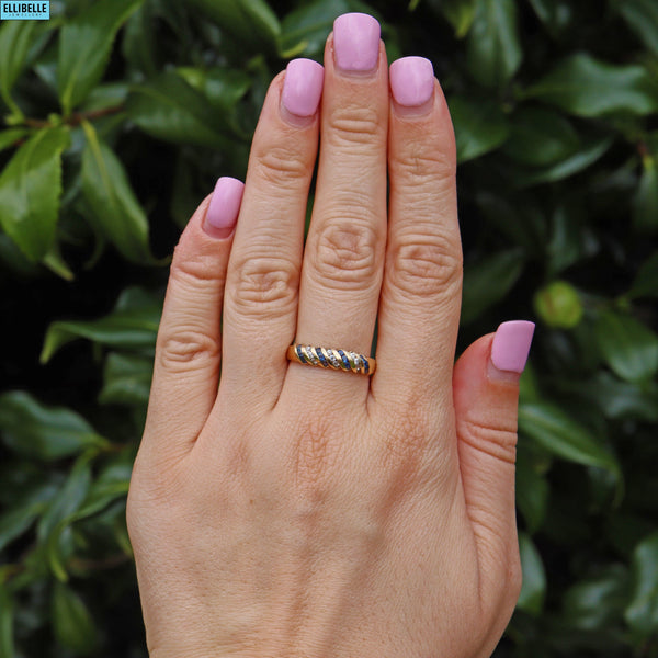 Ellibelle Jewellery VINTAGE SAPPHIRE 9CT GOLD SPIRAL TWIST HALF ETERNITY RING