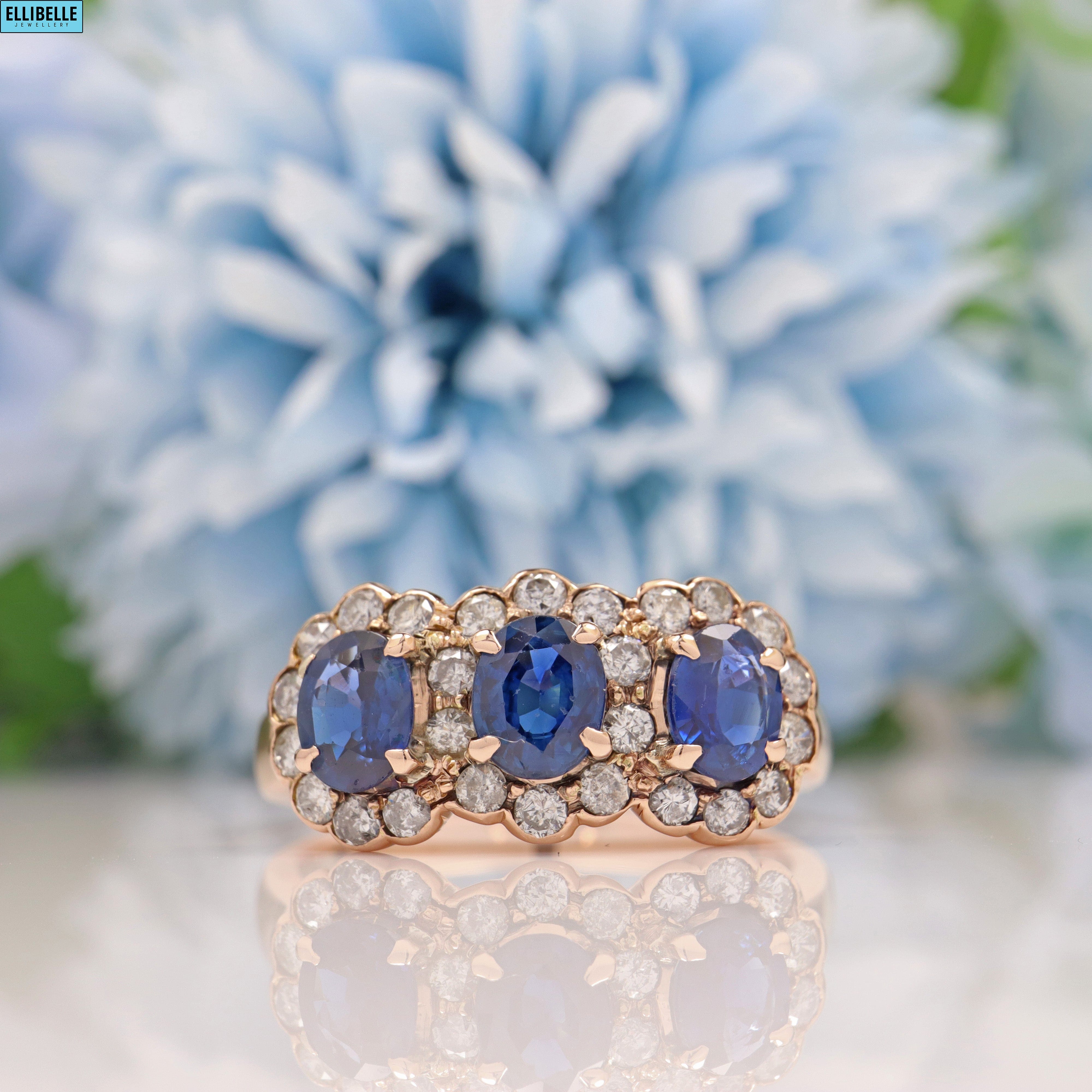 Vintage Sapphire & Diamond 14k Gold Triple Cluster Halo Ring