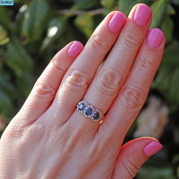 Vintage Sapphire & Diamond 14k Gold Triple Cluster Halo Ring