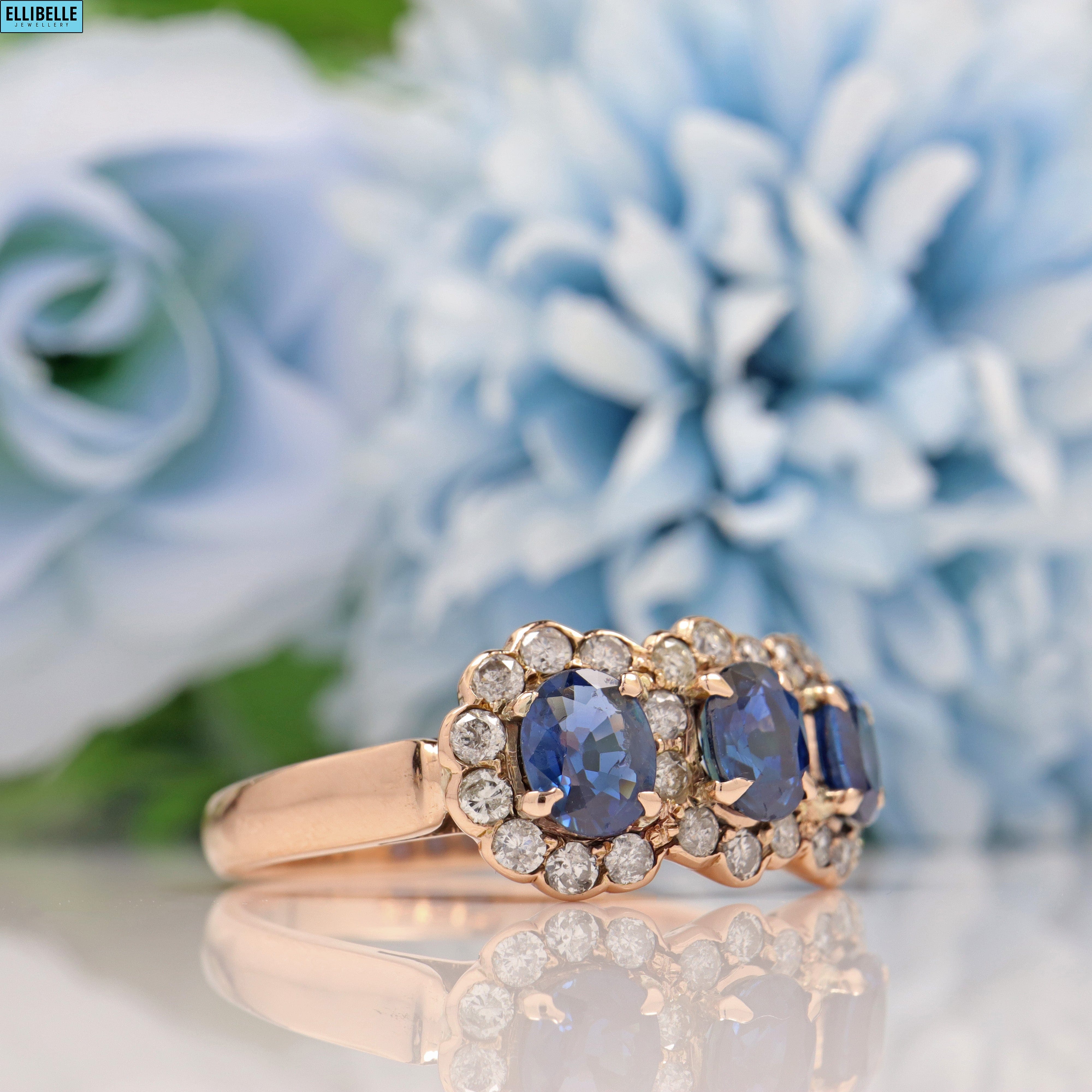 Vintage Sapphire & Diamond 14k Gold Triple Cluster Halo Ring