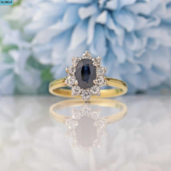 VINTAGE SAPPHIRE & DIAMOND 18CT GOLD HALO CLUSTER RING