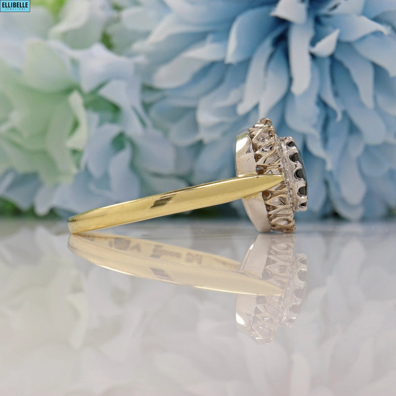 VINTAGE SAPPHIRE & DIAMOND 18CT GOLD HALO CLUSTER RING