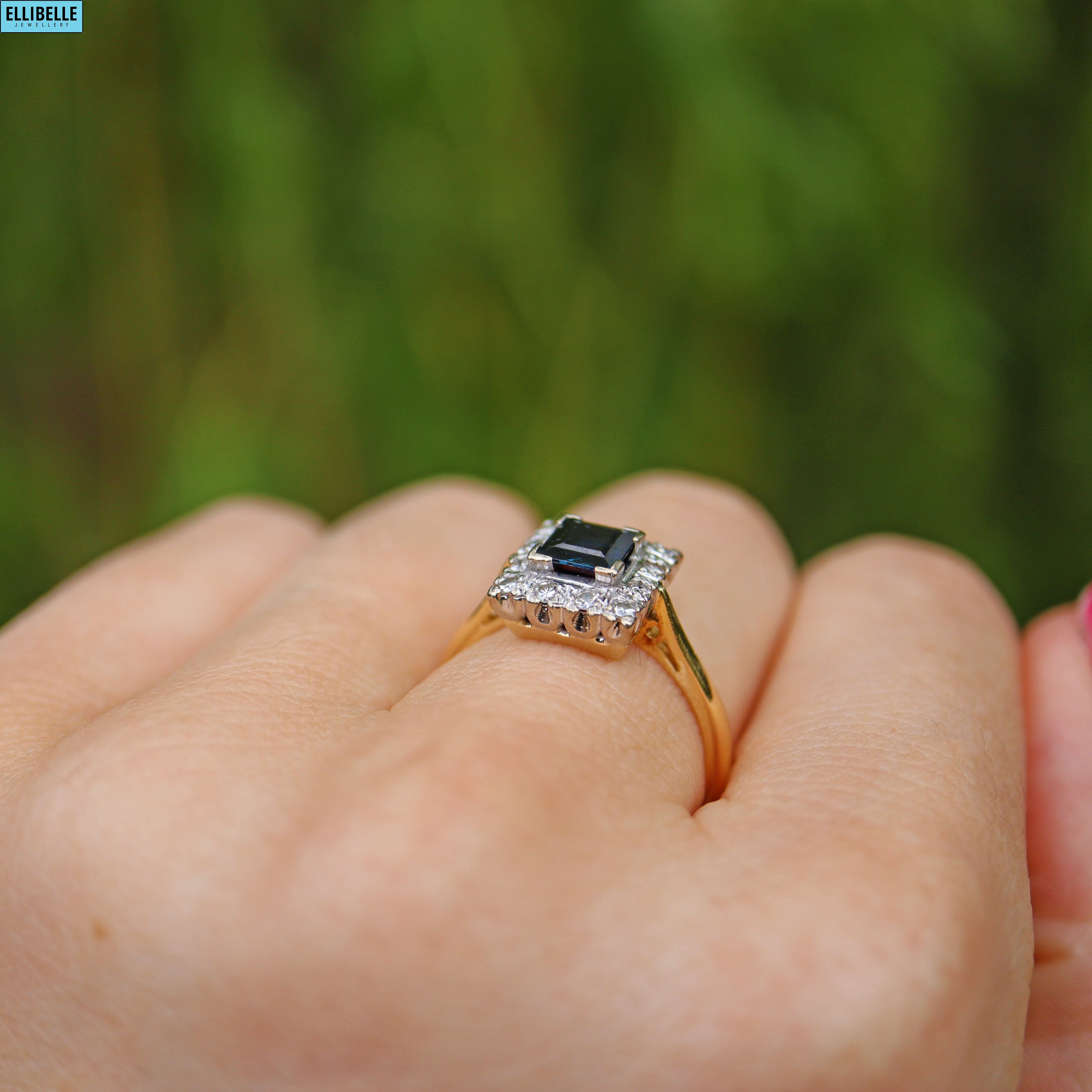 VINTAGE SAPPHIRE DIAMOND 18CT GOLD SQUARE CLUSTER RING