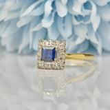 Ellibelle Jewellery VINTAGE SAPPHIRE & DIAMOND 18CT GOLD SQUARE CLUSTER RING