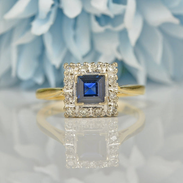 Ellibelle Jewellery VINTAGE SAPPHIRE & DIAMOND 18CT GOLD SQUARE CLUSTER RING