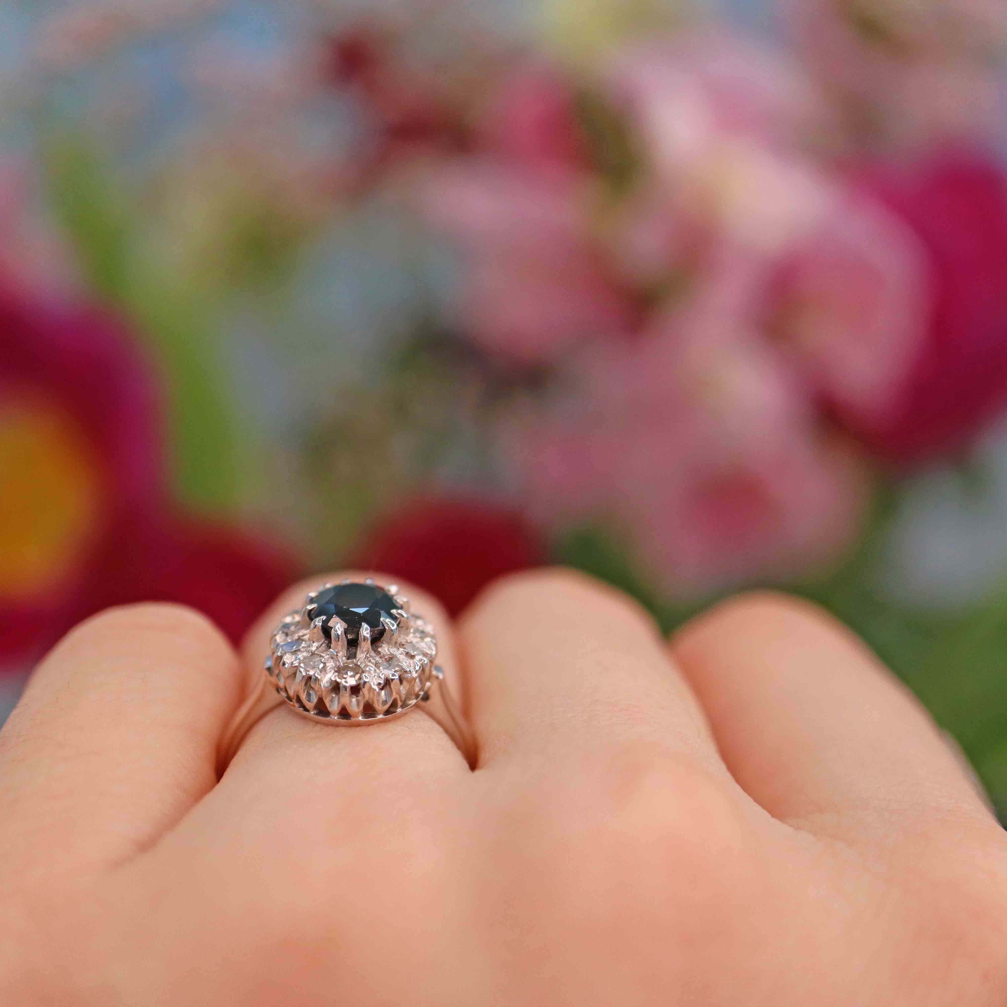 Ellibelle Jewellery Vintage Sapphire & Diamond 18ct White Gold Cluster Ring